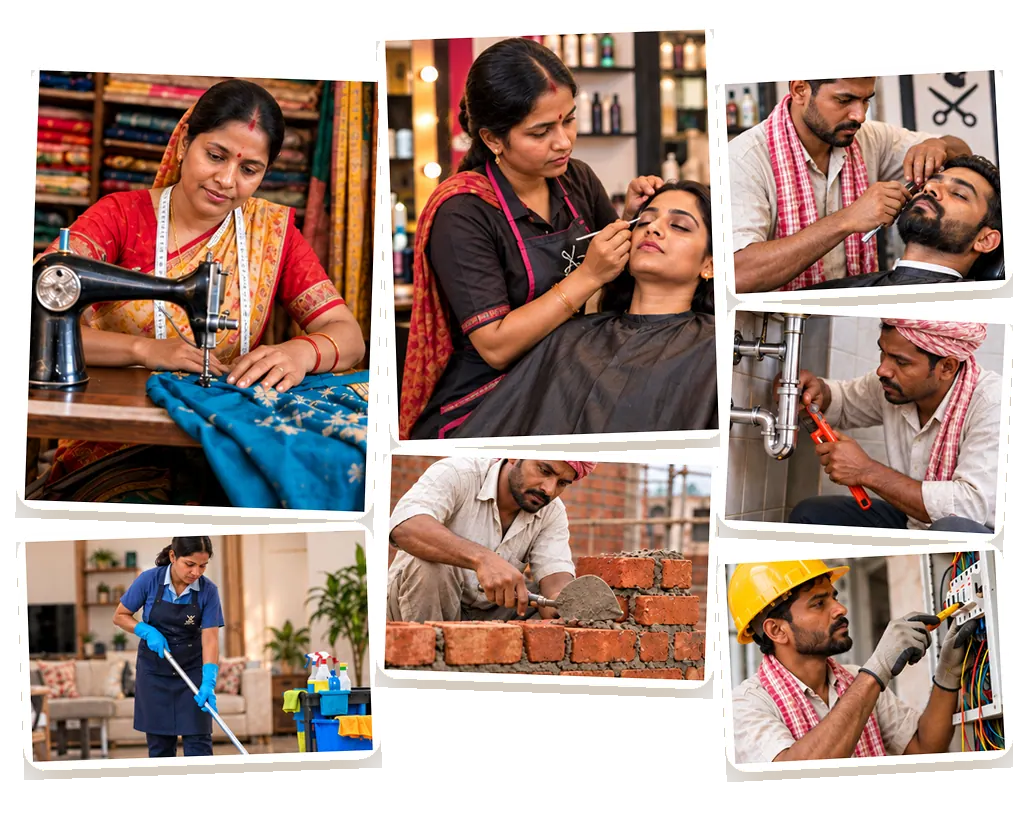 Vishwakarma service professionals at work — tailoring, salon and wellness, deep cleaning, masonary, barber and grooming, plumbing and electrical