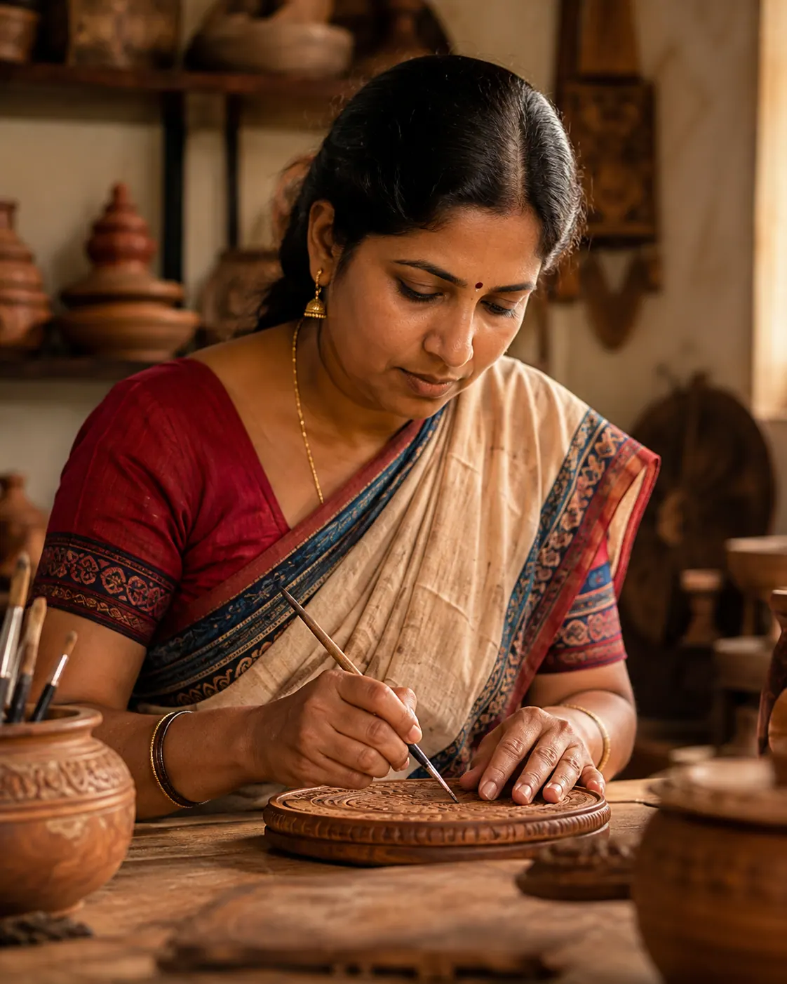 Woman artisan painting a handcrafted wooden piece