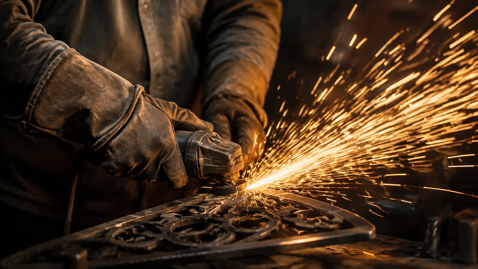 Metal artisan grinding ironwork with golden sparks