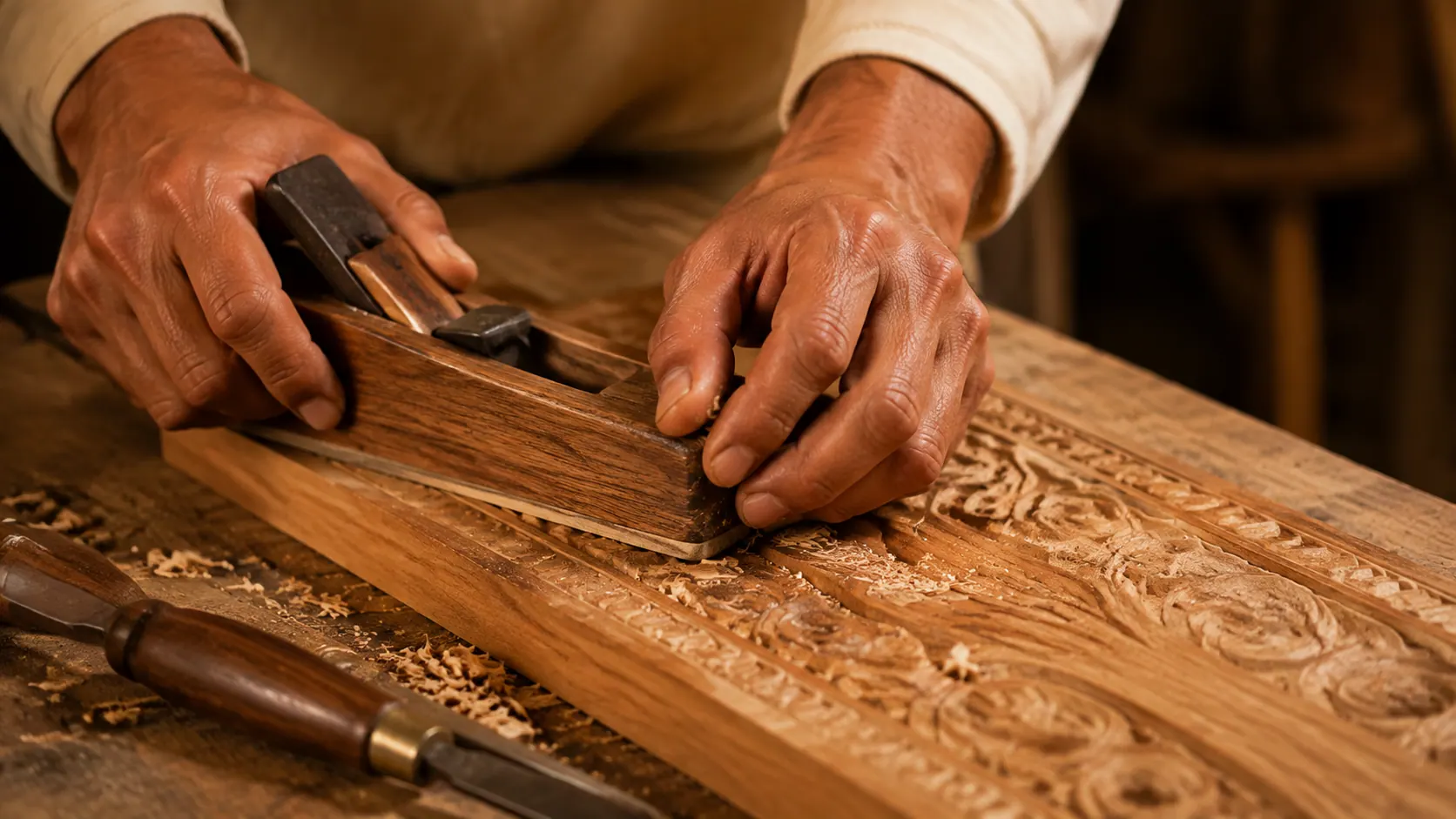 Artisan hands carving wood with traditional tools